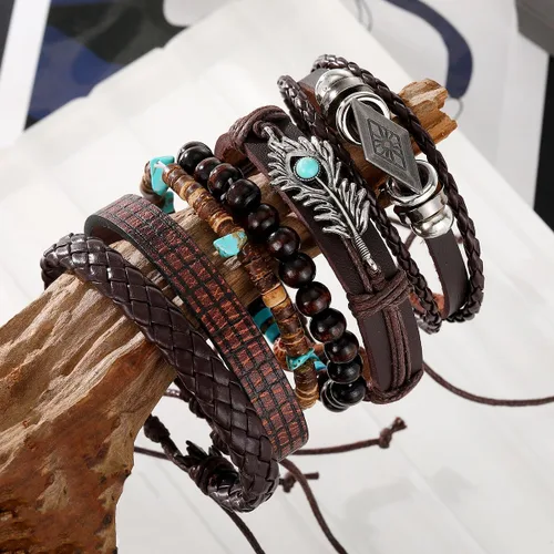 Vista 6 de KISS WIFE Pulsera de cuero para hombre, 4 paquetes de pulseras punk, pulsera trenzada de poliuretano, pulsera de cráneo, esqueleto, rock, emo