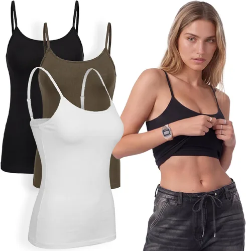 Vista 115 de Emmalise Camiseta de mujer con brasier integrado, soporte de tela sin varillas, camisola corta