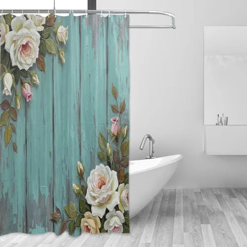 Vista 27 de MNSRUU Fabric Shower Curtain, Flowers and Butterflies Pink Waterproof Polyester Curtains with Hooks for Home Bathroom Decorative