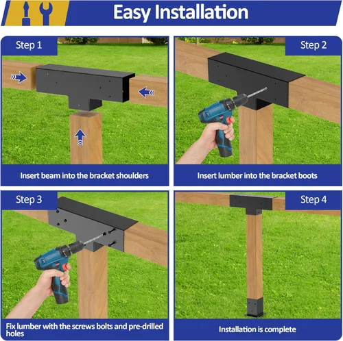 Vista 4 de JEXALINE Kit de pérgola de acero de aleación pesada con soportes en forma de T de 3 vías para madera de 4 x 4 pulgadas (real 3.6 x 3.6 pulgadas)