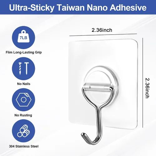 Vista 2 de Ganchos adhesivos de pared para colgar abrigos resistentes, 13 libras (máx.), gancho transparente impermeable multiusos, ganchos de acero inoxidable