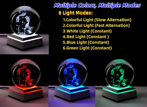 Vista 2 de Lámpara de noche de bola de cristal 3D con base LED - Lámpara de bola de cristal en forma de pez para cumpleaños, festividades, regalos de Navidad