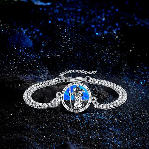 Vista 25 de Pulsera unisex de San Miguel/Cristóbal/Benedicto/Jude/José/Guadalupe/Ángel de la Guarda/Santa Muerte Pulsera de plata de ley 925 con cadena de doble
