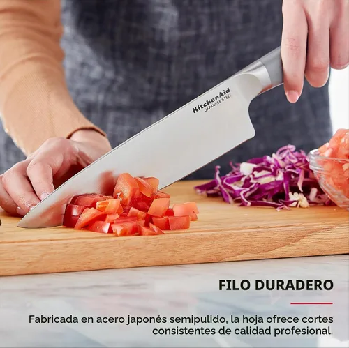 Vista 3 de KitchenAid Cuchillo de chef forjado gourmet con cubierta de hoja de ajuste personalizado, cuchillo de cocina afilado, hoja de acero inoxidable Gris