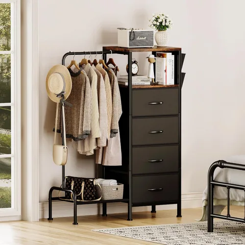 Vista 2 de Homeiju Cómoda con estante para colgar, cómoda reversible para dormitorio con 4 cajones y perchero y bolsillos laterales, cómoda con perchero, Negro