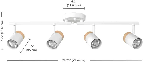 Vista 5 de GLOBE Electric 64000165 28" Iluminación de riel plegable de 4 luces, blanco mate, detalle de acento de tono madera pintado a mano, cabezales de riel