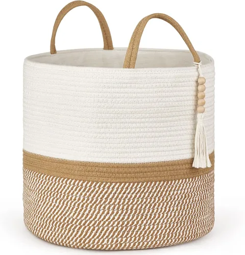 Vista 17 de Mkono - Canasta de almacenamiento tejida, canasta decorativa de cuerda natural con cuentas de madera para mantas, juguetes, ropa, zapatos y plantas