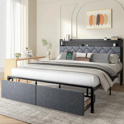 Vista 9 de SUNLEI Base de cama Queen con luz LED y 2 cajones, plataforma de metal con estación de carga y cabecera de almacenamiento de tela de lino, listones