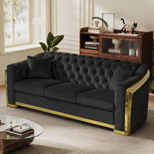 Vista 28 de DAMAIFROM Sofá Chesterfield moderno de mediados de siglo, sofá de terciopelo de 62" blanco y dorado, sofá biplaza curvo de lujo para sala de estar