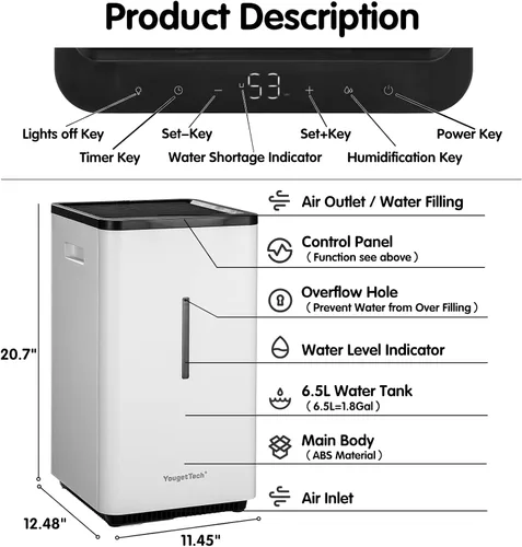 Vista 6 de Humidificador evaporativo YougetTech 6.5L, 50.7 fl oz/h, 7 velocidades No-mist whole-room humidifier. 7 speeds, auto humidistat, top-fill. Covers