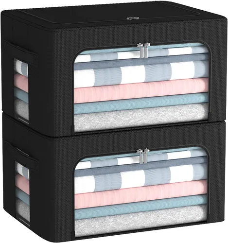 Vista 18 de CYhom Caja de almacenamiento de ropa, juego organizador plegable de tela de lino con ventana transparente, asas de transporte y marco de metal, 2