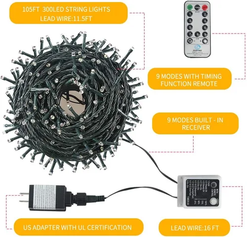 Vista 2 de Chuya 300 luces LED para árbol de Navidad que cambian de color, blanco cálido a multicolor, enchufe de extremo a extremo, 9 modos, tira de luces