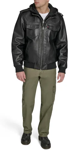 Vista 8 de Levi's Men's Faux Leather Aviator Bomber Jacket With Jersey Bib and Hood