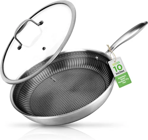 Vista 9 de NutriChef Juego de 6 sartenes de acero inoxidable de tres capas, sartenes antiadherentes de 8, 10 y 12 pulgadas con tapas, compatibles