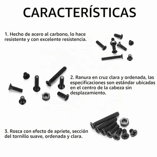 Vista 3 de Xujinsongg® Juego de tornillos de cabeza plana M3 y tuercas hexagonales, kit de 380 piezas de tornillos y tuercas Phillips negros con cabeza