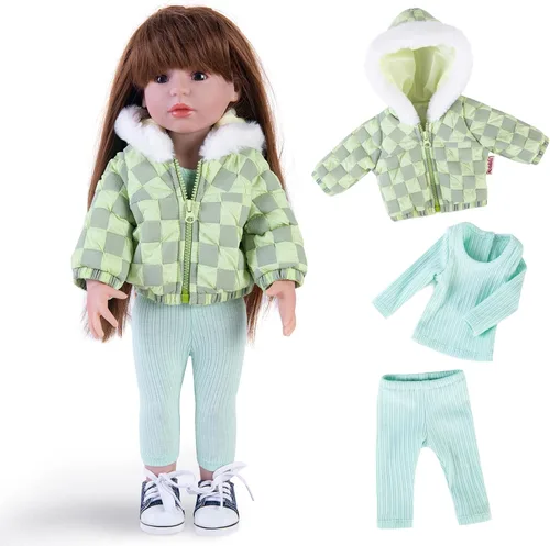Vista 8 de Rakki Dolli Conjunto de ropa de muñeca de 3 piezas. Conjunto de abrigo grueso con capucha a cuadros azules y grises con manga larga, traje de muñeca