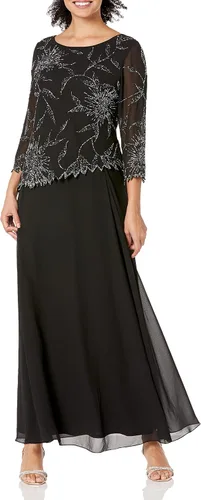 Vista 4 de J Kara Vestido largo con cuello redondo y manga 3/4 para mujer Cameo/Blanco/Plata