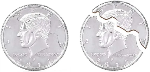 Vista 2 de Enjoyer Moneda plegable para morder y restaurar, moneda de mordida de dos pliegues, truco mágico que aparece/desaparece de la moneda, trucos