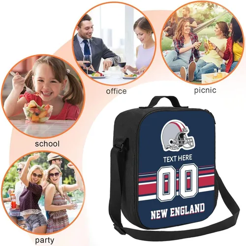 Vista 5 de Bolsa de almuerzo personalizada de Nueva Inglaterra, regalos para hombres, mujeres, fanáticos, con nombre y número personalizados, correas de hombro