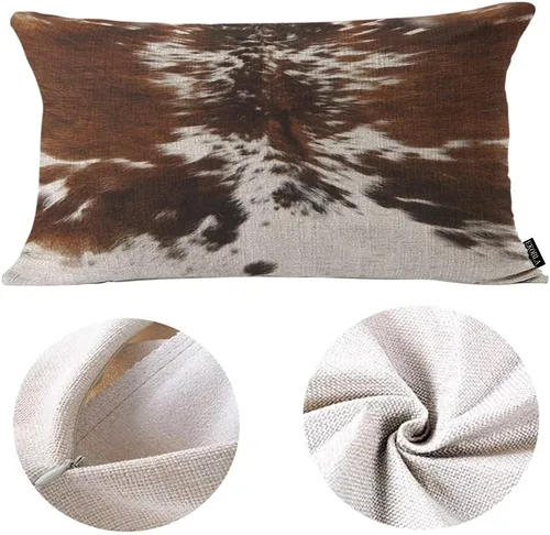 Vista 6 de EKOBLA Funda de almohada decorativa lumbar de algodón con estampado de piel de vaca marrón tricolor, funda de almohada cuadrada de piel de animal