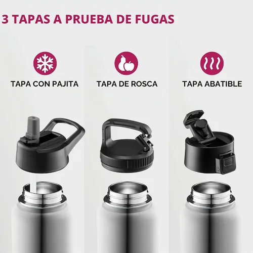 Vista 4 de FineDine Botellas de agua aisladas de triple pared con popote, botella de metal de acero inoxidable de 25 onzas con 3 tapas a prueba de fugas