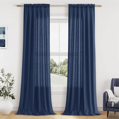 Vista 70 de Cortinas de lino verde aguamarina de 84 pulgadas de largo, juego de 2 paneles semitransparentes con bolsillo para barra para comedor, decoración