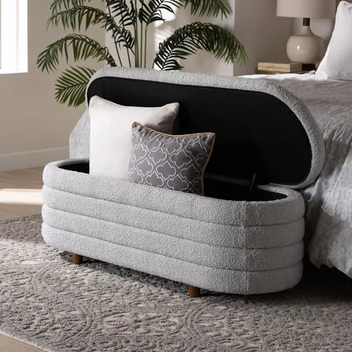 Vista 19 de Baxton Studio Betiana Modern Japandi - Banco de almacenamiento de madera con acabado marrón nogal Gris claro/marrón nogal