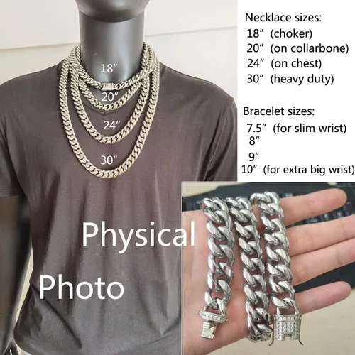 Vista 5 de Mens Miami Cuban Link Chain Whte-Tone 15mm Stainless Steel Curb Necklace Iced Cubia Zirconia Clasp A bit Low-key but classy HipHop Punk Rock