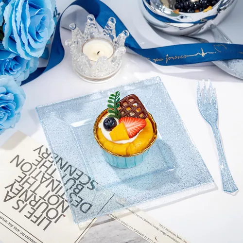 Vista 9 de DaYammi 100 platos de postre con purpurina azul, que incluyen 50 platos de aperitivo de 6 pulgadas y 50 tenedores de plástico de 5.7 pulgadas, plato
