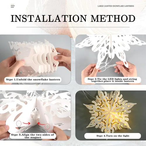 Vista 7 de 10 piezas de linternas de copo de nieve de papel de Navidad, grandes linternas de papel de estrella de Navidad con luces LED, adornos blancos