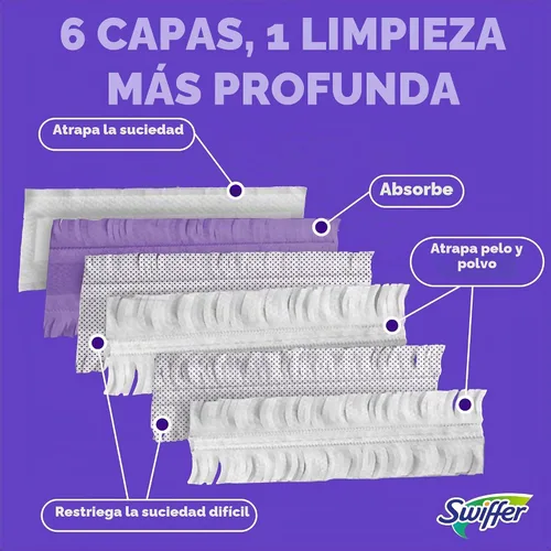 Vista 5 de Swiffer PowerMop - Recambios de almohadilla de trapeador multisuperficie para limpieza de pisos, 11 unidades, color blanco/morado