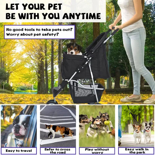 Vista 5 de Cochecito para perros pequeños, cochecito para mascotas, carrito plegable, ligero, impermeable, con cesta de almacenamiento para cachorros, perros