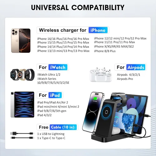 Vista 4 de Cargador inalámbrico para iPhone - Estación de carga 5 en 1 para múltiples dispositivos Apple: Soporte de carga rápida inalámbrica para iPhone 17