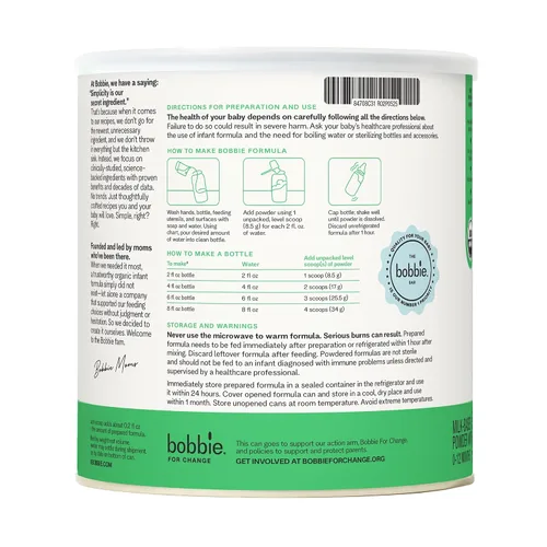 Vista 4 de Bobbie Fórmula orgánica para bebés, polvo a base de leche, 24 onzas