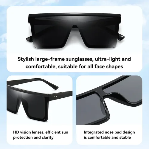 Vista 5 de Dollger - Lentes de sol cuadrados extragrandes para mujer y hombre, de moda, armazón negro con parte superior plana