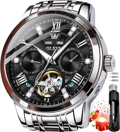 Vista 7 de OLEVS Relojes automáticos para hombre, oro de lujo, vestido de diamantes de cuerda automática, esqueleto mecánico, Tourbillon, reloj de pulsera