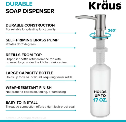 Vista 7 de Dispensador de jabón y loción de cocina Kraus en acero inoxidable libre de manchas, KSD-54SFS Acero inoxidable sin manchas.
