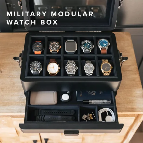 Vista 10 de CASE ELEGANCE Caja organizadora militar de 10 ranuras para reloj, para hombres, parte superior de cristal real, bandeja modular de valet, compatible