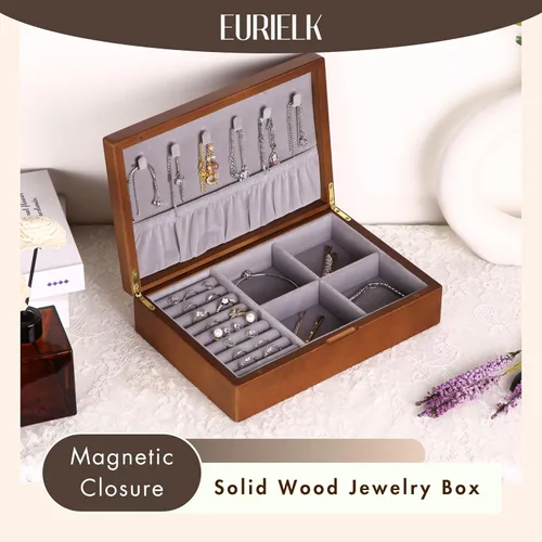 Vista 3 de EURIELK ek005-m-marrón - Joyero de madera maciza para mujer, tamaño mediano, organizador antiguo de madera maciza natural con gran almacenamiento