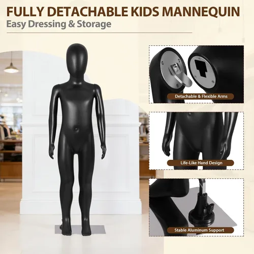 Vista 2 de Child Full Body Mannequin 43.3 Inch Sewing Dress Model Stand Realistic Display Manikin with Adjustable Posture, Turnable Head, Flexible Limbs, Black