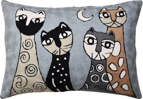 Vista 13 de Funda de almohada lumbar Picasso - Cojín abstracto de gatitos azules - Lana bordada a mano tamaño 14 x 20 Almohada lumbar Blue Cats