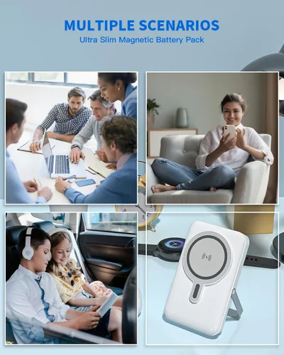 Vista 7 de Cargador portátil magnético, banco de energía inalámbrico multipuerto de 10000 mAh, batería segura de 22.5 W, cargador portátil de soporte, cables