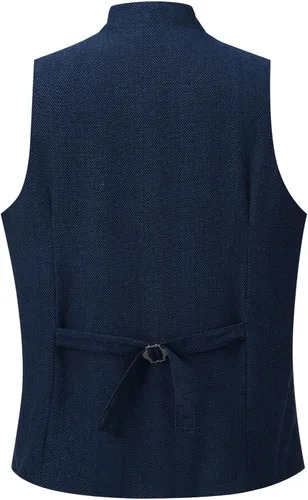 Vista 2 de Cloudstyle Chaleco de traje de cuello alto mandarín para hombre, chaleco de tweed de espiga Azul marino