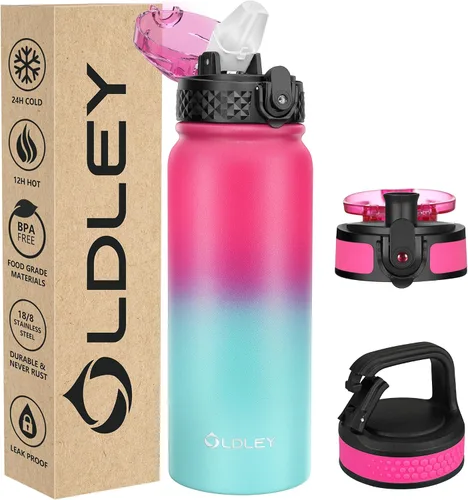 Vista 22 de Botella de agua aislada Oldley de 12 oz con pajita, botella de agua de acero inoxidable con 2 tapas, botellas de doble pared con vacío para adultos