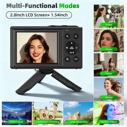 Vista 4 de Cámaras digitales 5K 80MP para fotografía con trípode 2 baterías 64GB Dual Screen Autofocus Vlogging Camera for YouTube,Compact Point and Shoot