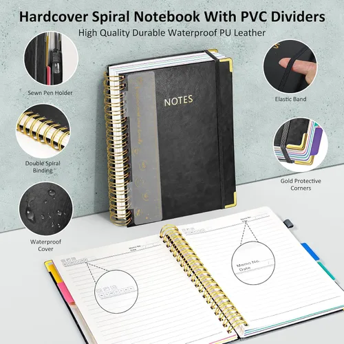 Vista 3 de Cuaderno de espiral con tapa dura, cuadernos B5 grandes de 8"x10", con divisores extraíbles y pestañas, 300 páginas, cuaderno de 5 asignaturas