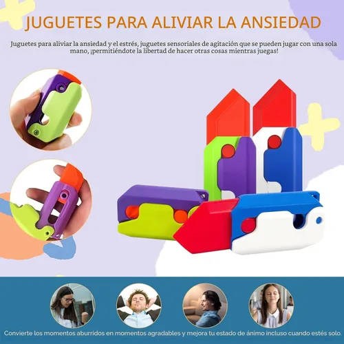Vista 4 de 8 piezas de juguete de plástico de gravedad 3D navaja automática de impresión cuchillo de zanahoria, juguetes fidget de cuchillo sensorial