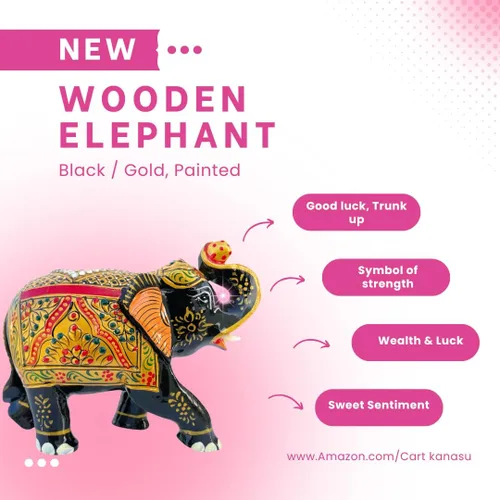 Vista 6 de Figura de elefante de madera hecha a mano – Obra de arte tradicional, adornos dorados y piedras preciosas – Estatua decorativa de elefante