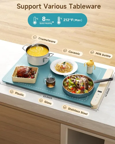 Vista 4 de Tapete de calentamiento para alimentos, calentador de alimentos esenciales para el hogar, 6 ajustes de temperatura y temporizador, calentamiento