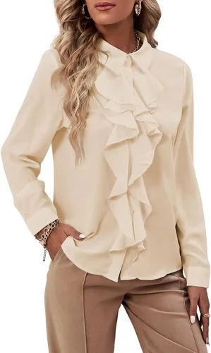 Vista 16 de LYANER - Blusa de manga larga con cuello de botón y volantes en la parte delantera para mujer